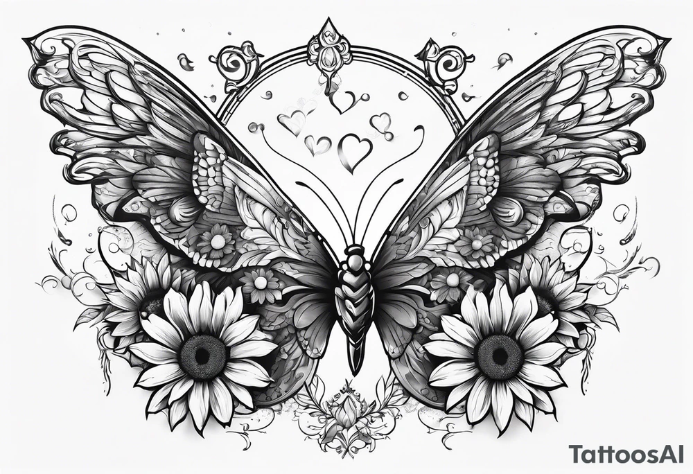 Sleeve with angel wings, sunflower and butterfly tattoo idea
