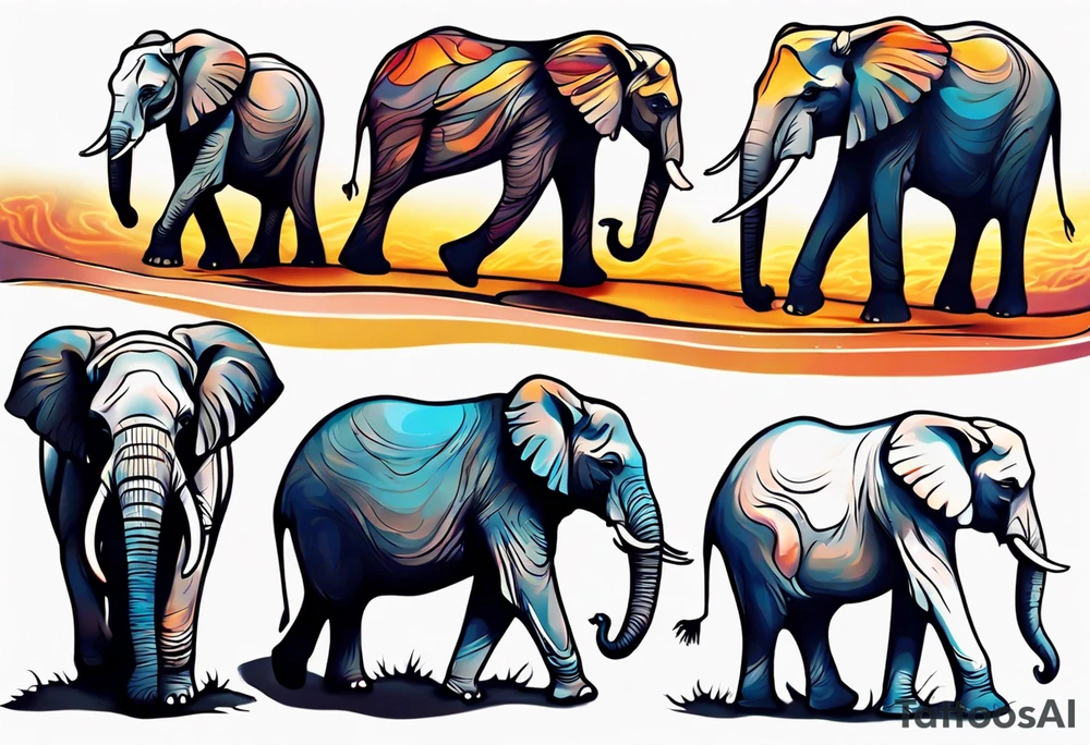 family of 6 elephants walking into sunset tattoo idea