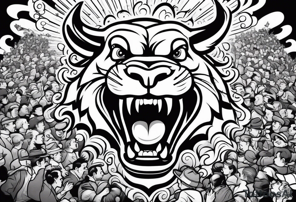 raging bull head busting through crowd tattoo idea