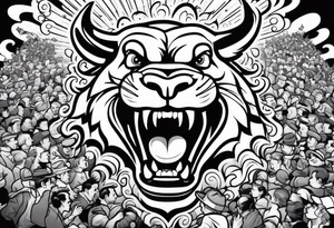 raging bull head busting through crowd tattoo idea