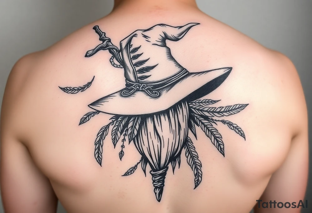 Which is broom with a witches hat with vines and feathers for women? tattoo idea