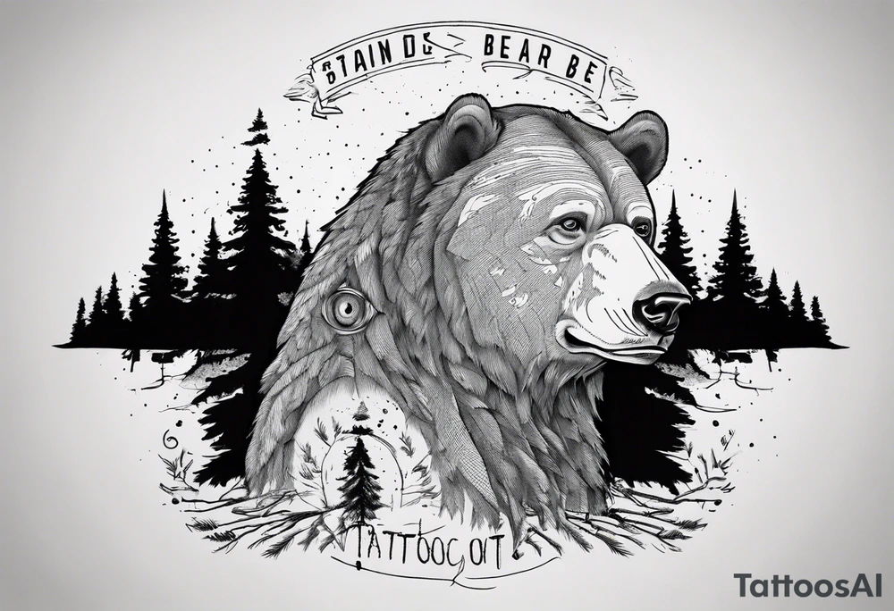 Standing bear fine line with armband.  Pine trees with script.  Add a eye with dot work lines coming out from the eye. tattoo idea