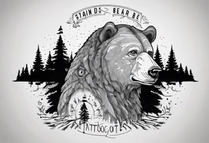 Standing bear fine line with armband.  Pine trees with script.  Add a eye with dot work lines coming out from the eye. tattoo idea