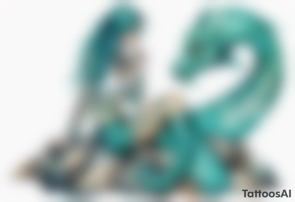 A sea serpent woman hybrid covered in turquois scales sitting on rocks by the ocean tattoo idea