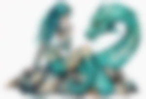 A sea serpent woman hybrid covered in turquois scales sitting on rocks by the ocean tattoo idea