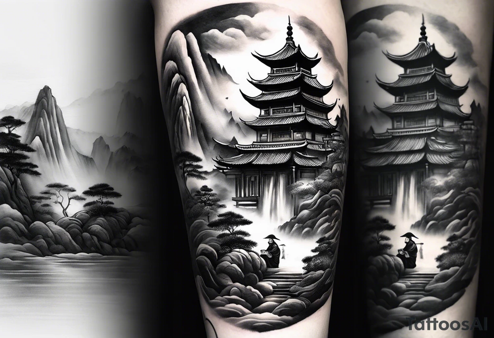 forearm sleeve traditional chinese art painting style Chinese temple two old men wearing robes and drinking tea mountains mist fog waterfall tattoo idea