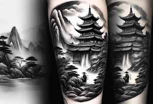 forearm sleeve traditional chinese art painting style Chinese temple two old men wearing robes and drinking tea mountains mist fog waterfall tattoo idea