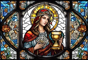 holy saint woman with halo stained glass holding a chalice with artillery tattoo idea