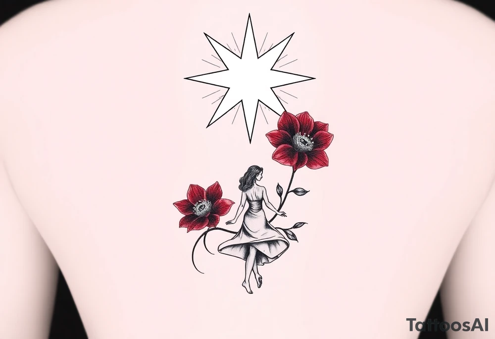 A highly artistic tattoo design with a central focus on a radiant star, symbolizing guidance and empowerment. Below the star, a deep crimson arghaman flower (scarlet flower) blooms gracefully, representing beauty and resilience. To the side, a free-spirited woman walks barefoot, embodying feminine strength and absolute freedom. The composition should evoke a sense of empowerment and liberation, with flowing lines and a dreamy, poetic atmosphere. The style should be artistic rather than hyper-realistic, with fine details, elegant line work, and a slightly abstract touch. The overall aesthetic should feel timeless, expressive, and deeply meaningful, capturing the essence of feminine power and freedom.
Make it small, black and white, the objects are tied together tattoo idea