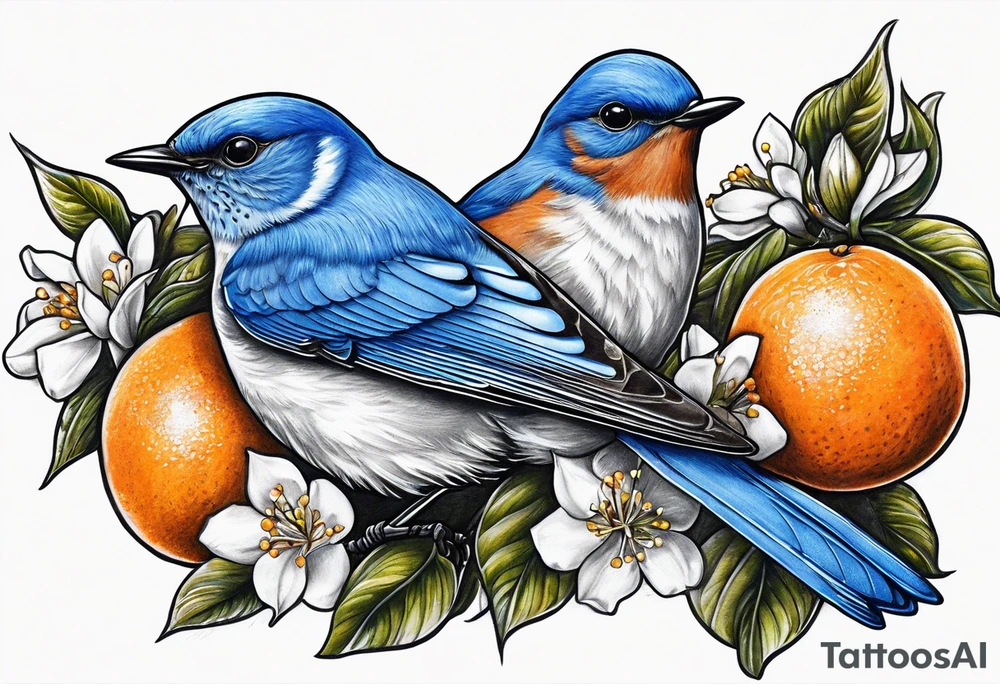 bluebird in flight with an orange blossom branch in its mouth tattoo idea