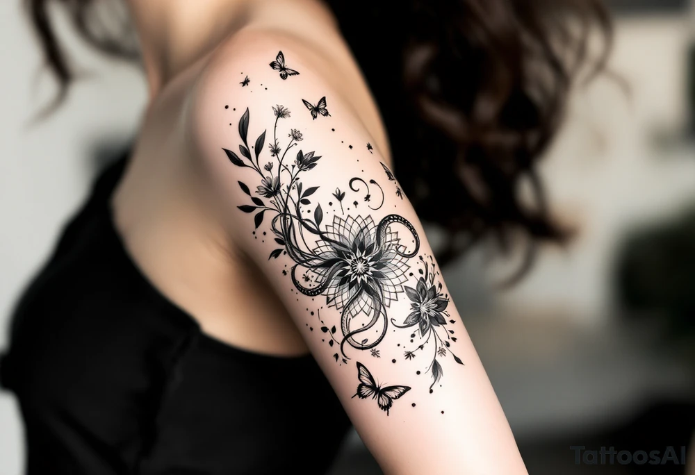 Elegant feminine full sleeve tattoo design on a woman’s arm, flowing abstract black ink lines intertwined with minimalist botanical elements — fine leaves, buds, and wildflowers. Central ornamental mandala-like symbols and geometric dotwork details. A gracefully stylized octopus with fluid tentacles wrapping subtly around the design, integrated with delicate butterflies fluttering around the composition. The butterflies are light, airy, and minimal, matching the fine-line style. Tattoo art style: modern minimalist, fine line, ornamental and botanical tattoo with surreal natural touches. Black ink only, soft feminine aesthetic tattoo idea