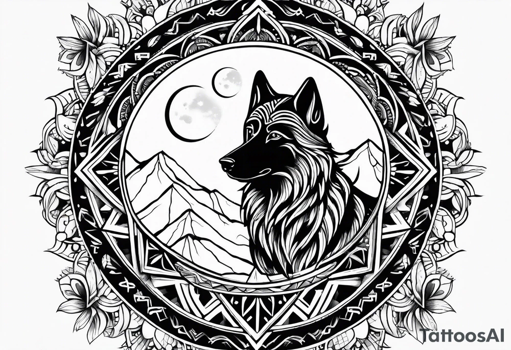 Mandala theme design with moon and wolves for forearms tattoo idea