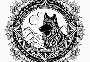 Mandala theme design with moon and wolves for forearms tattoo idea