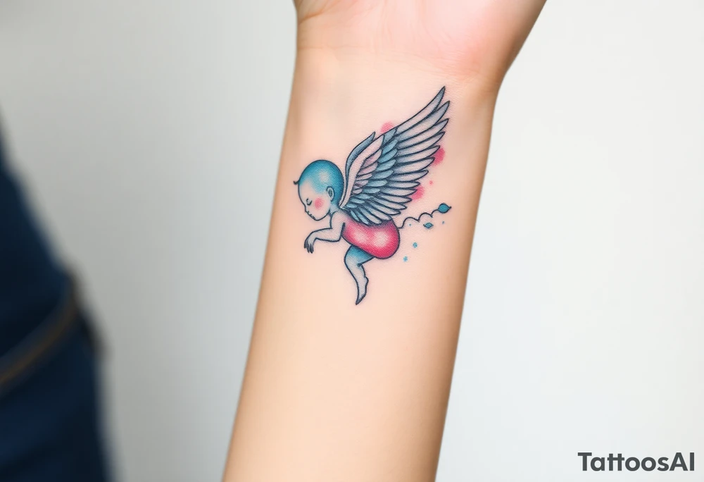 Winged baby, blue and pink watercolor, clouds tattoo idea