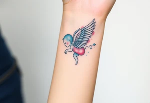 Winged baby, blue and pink watercolor, clouds tattoo idea