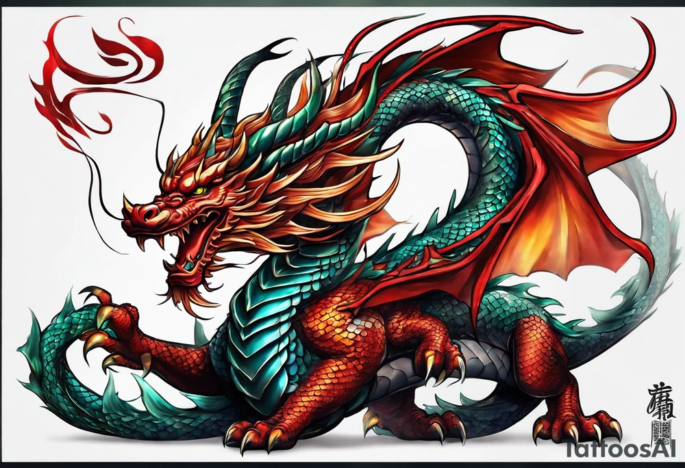 An epic floating asian dragon. Its long body coiling dynamically, with scales and horns detailed to create a sense of movement and strength. The dragon's color is giving a vibrant depth and a mystical aura. This tattoo highlights the dragon’s fierce expression and sharp claws. tattoo idea