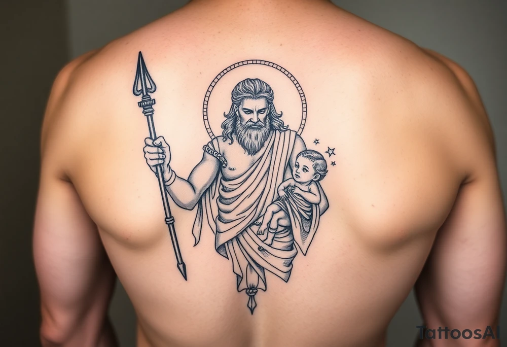 a tattoo design of the Greek God Saturn holding his spear in one hand with the Saturn Symbol as the spear head, in his other arms cradling a twin younger version of himself. The gemini constellation is in the background behind the Saturn Gods tattoo idea