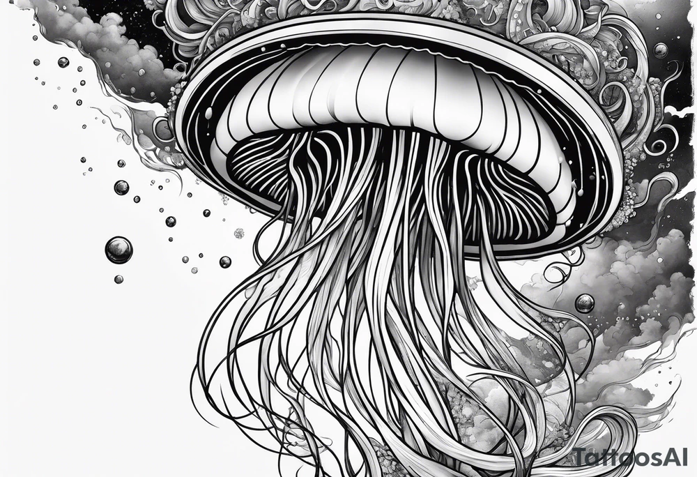 A universe inside a mystical jellyfish with long flowing tentacles tattoo idea