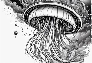 A universe inside a mystical jellyfish with long flowing tentacles tattoo idea