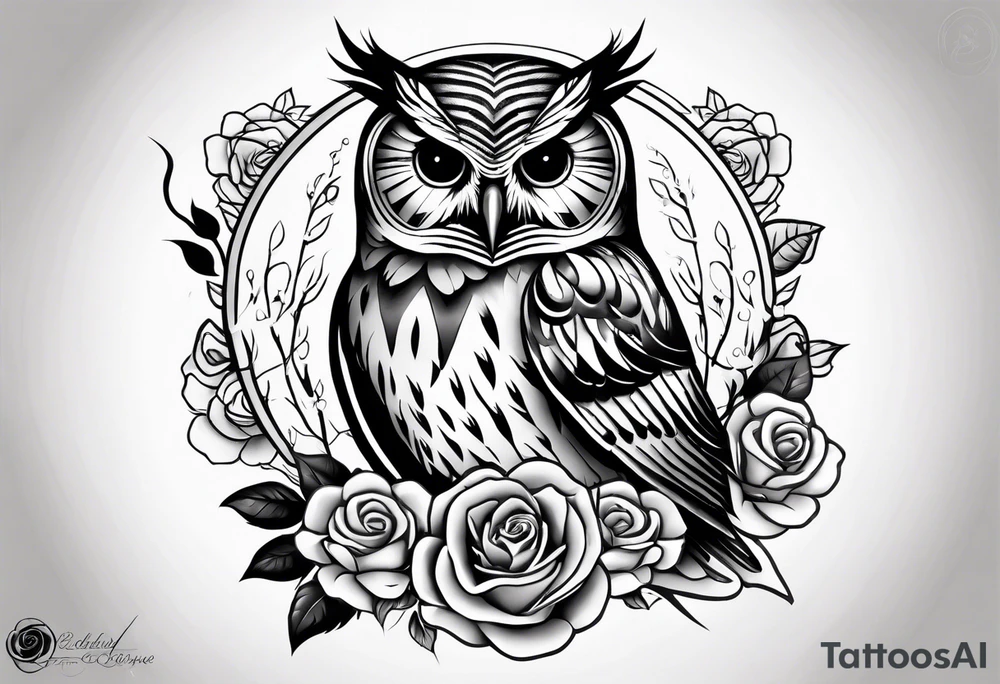Barred owl with a rose and a heart tattoo idea