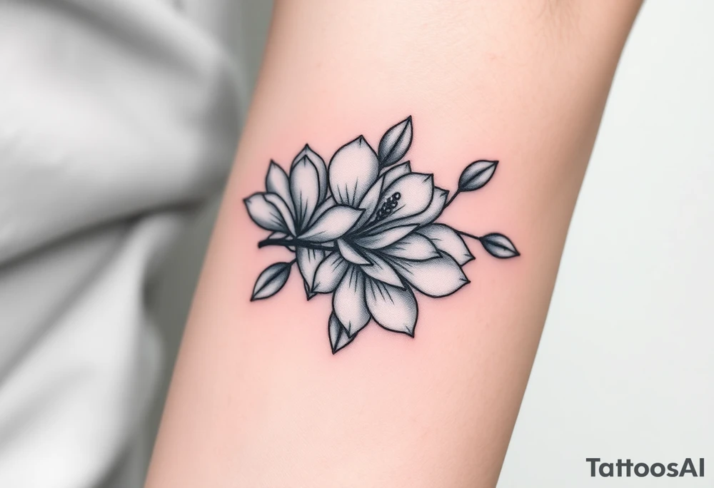 Branch with few magnolia flowers, in different blossom stages with botanical details tattoo idea