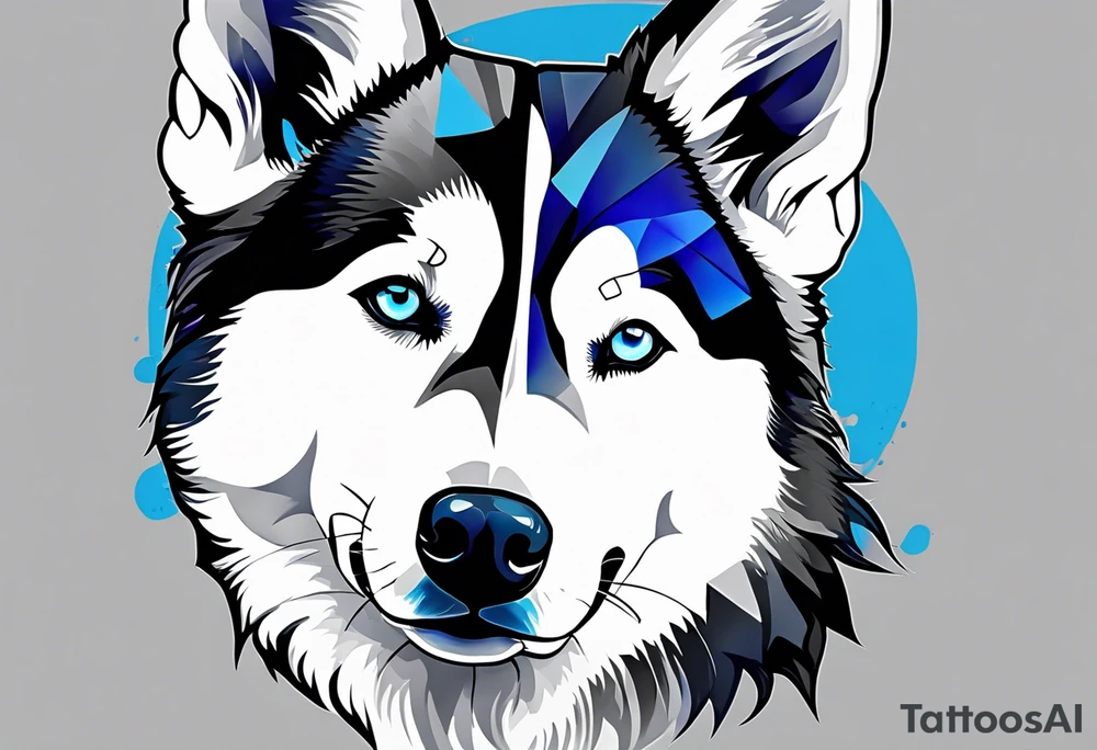 Thigh piece. A black and white Siberian husky with blue eyes. The face should be split in half with one half watercolor and one half geometric. tattoo idea