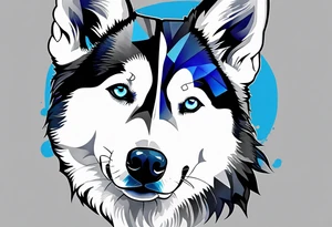 Thigh piece. A black and white Siberian husky with blue eyes. The face should be split in half with one half watercolor and one half geometric. tattoo idea