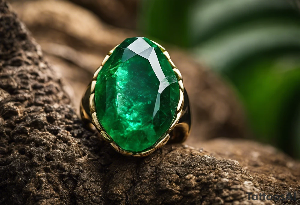 Tattoo: A striking Gachala emerald sits at the base of a tall quindio wax palm, which grows resiliently from cracks in rugged, rocky soil. The emerald is the main focal point, symbolizing strength and endurance, while the wax palm, rooted in the soil’s crevices, represents growth and resilience. A small water stream flows gently from the rocks, adding an element of life and nourishment. Style: Tribal. tattoo idea