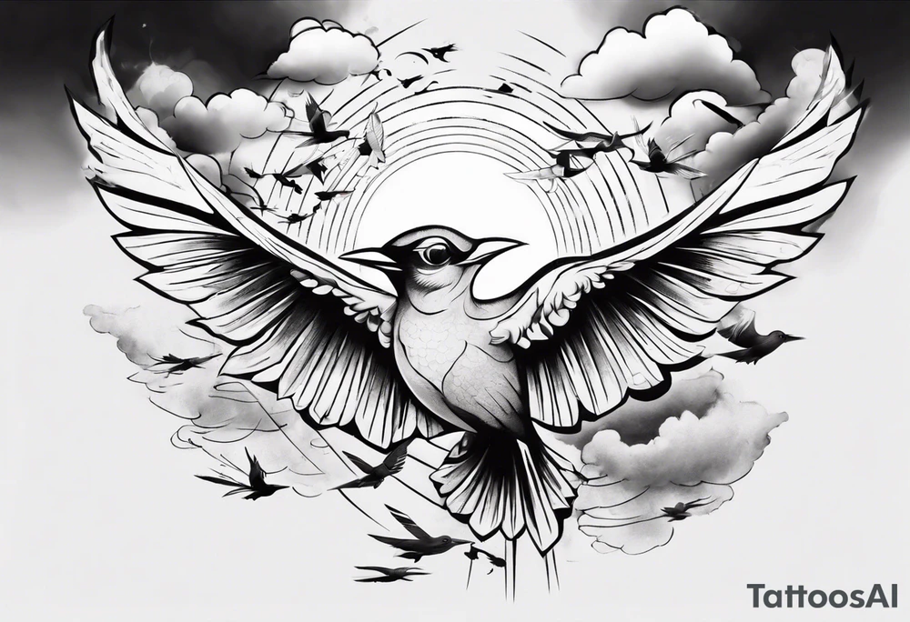 a shoulder tattoo with rays of light, clouds and birds flying free tattoo idea