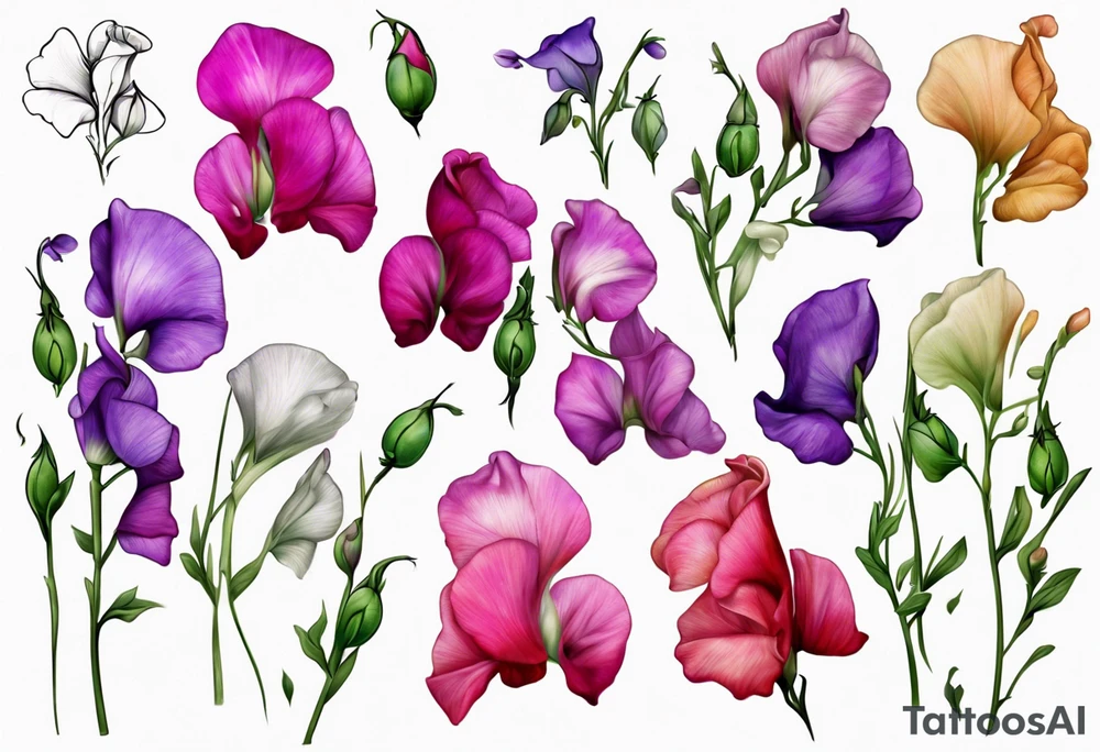 cascading field 
sweet pea flowers, multi color tattoo idea