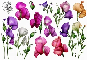 cascading field 
sweet pea flowers, multi color tattoo idea