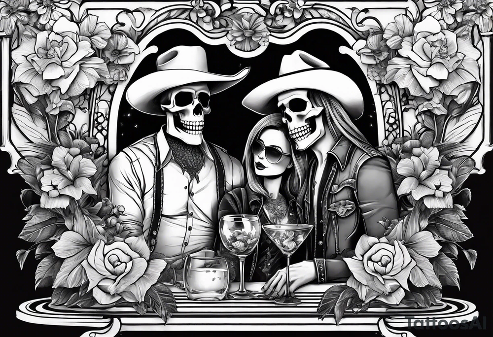 a bar scene with a skeleton couple with bibiscus flowers. western style tattoo idea