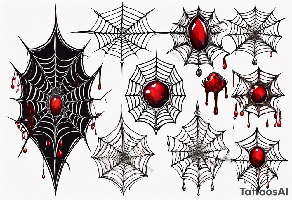 Tangled spiderweb in the shape of a jewel with blood drops and dragon spikes tattoo idea