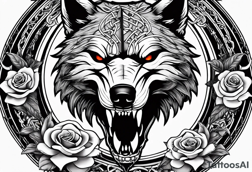 Wolf skull with chains in it's mouth in front of a sword and roses underneath tattoo idea