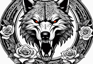 Wolf skull with chains in it's mouth in front of a sword and roses underneath tattoo idea