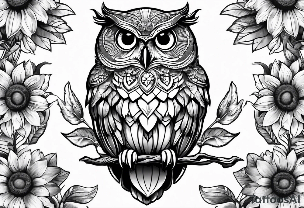 Sleeve with an owl, sunflower and butterfly tattoo idea