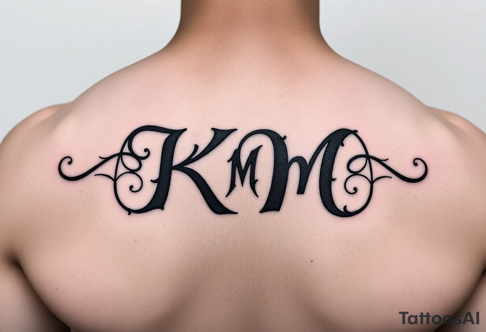 letters only fancy but rugged twisted and intertwined circular arched curvy lettering (KM ) almost like the the roca wear symbol clothing brand trademark RW but with KM tattoo idea