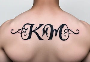 letters only fancy but rugged twisted and intertwined circular arched curvy lettering (KM ) almost like the the roca wear symbol clothing brand trademark RW but with KM tattoo idea