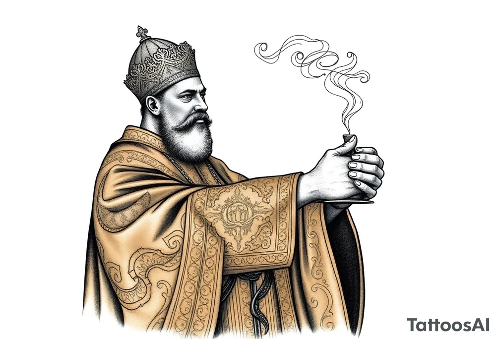 A Russian Orthodox Priest in full gold vestments swinging a censer with smoke curling upward 

The ornate robes give incredible fine line detail
The incense smoke could flow and connect to other elements
It ties directly into the church and Virgin Mary you already have
Very culturally authentic to the overall theme tattoo idea