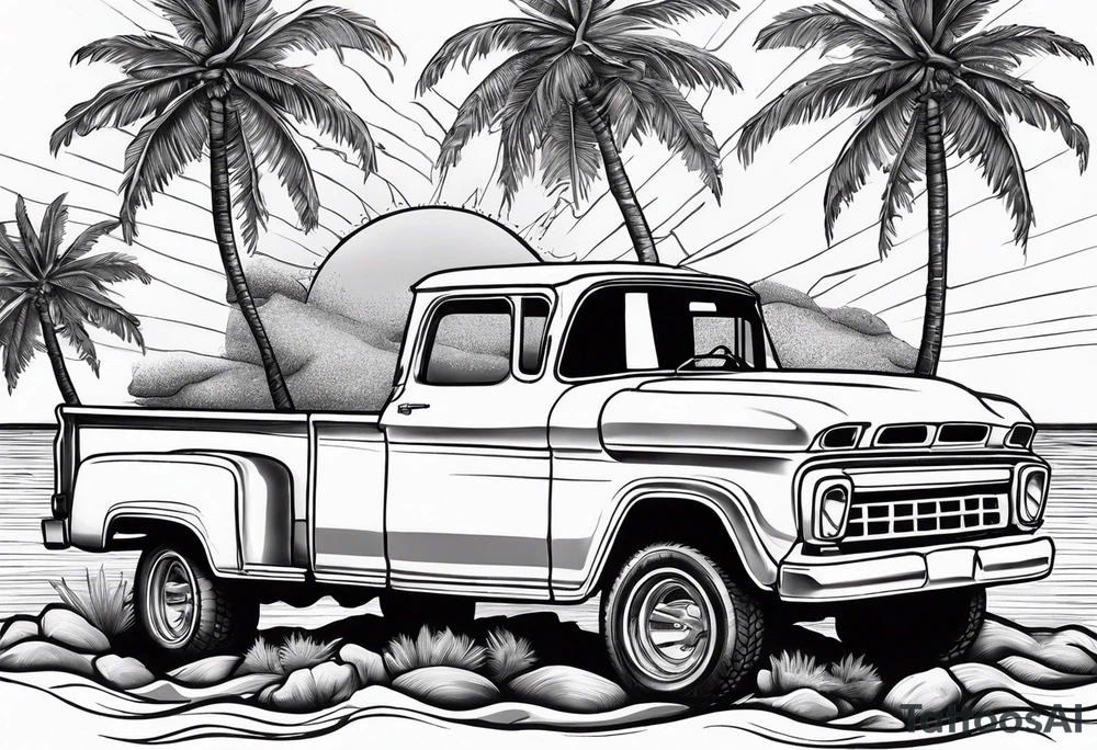 Beach theme, palm trees,waves, sunset, classic truck, marijuana leaf tattoo idea