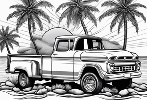 Beach theme, palm trees,waves, sunset, classic truck, marijuana leaf tattoo idea