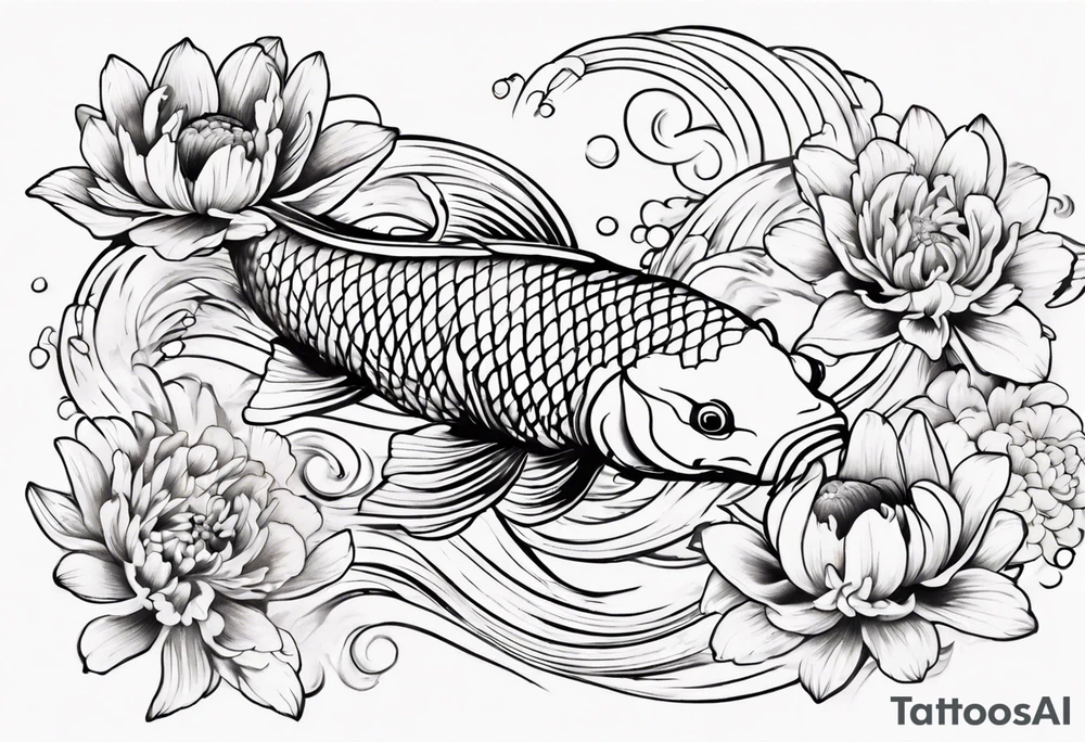 koi fish tattoo Japanese style with daffodils, chrysanthemum and waves as background tattoo idea