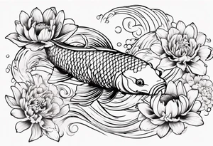 koi fish tattoo Japanese style with daffodils, chrysanthemum and waves as background tattoo idea