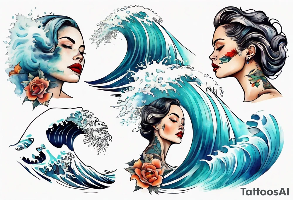 a crashing wave with the face of a woman tattoo idea