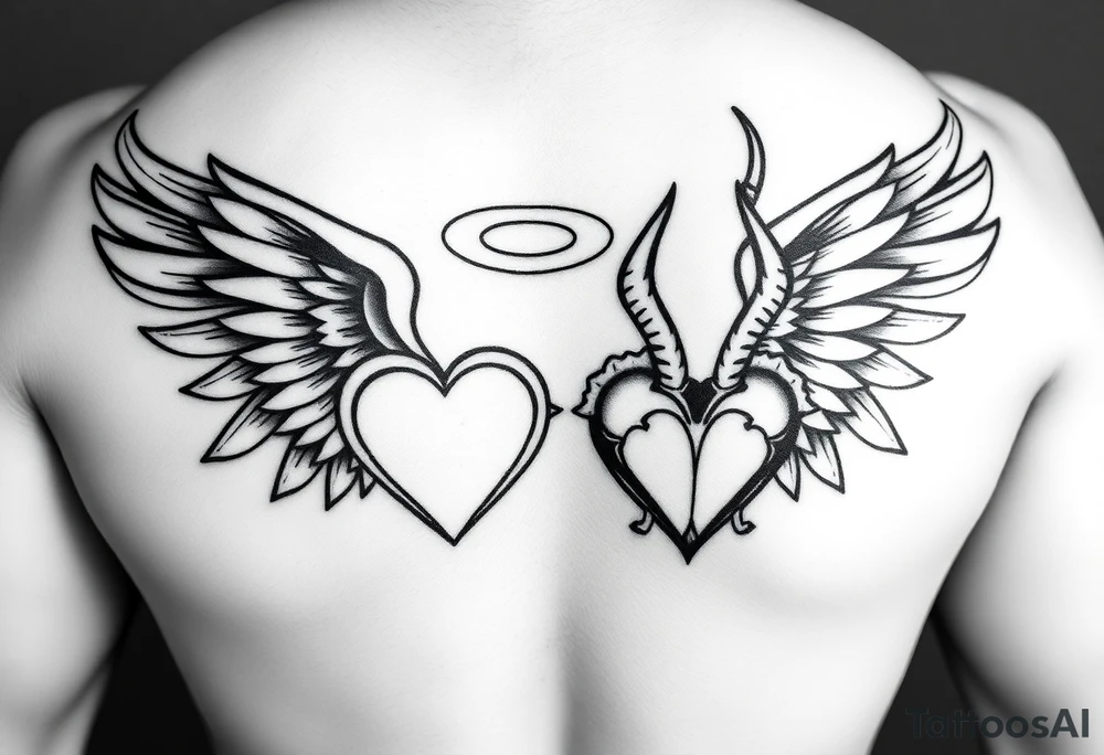 a tribal designed good versus evil inspired black and white of two wings with two hearts in the middle; have the angel tribal wing and angel heart with floating halo above the angel heart to be facing top to bottom, and on the opposite there is a demon heart upside down complete with connected demon horns on the demon heart with a tribal demon wing, the two hearts should only connect with one line from the bottom of one heart to the bottom of the other heart tattoo idea