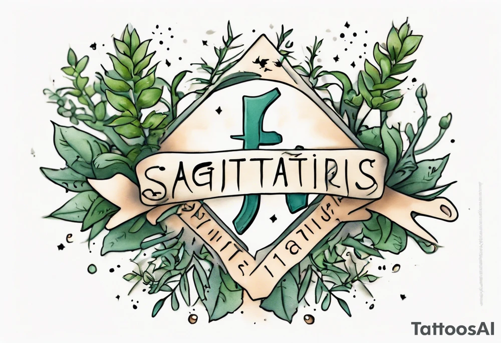 a forearm tattoo with little plants around the word sagittarius and underneath it the date 12.08.05 tattoo idea