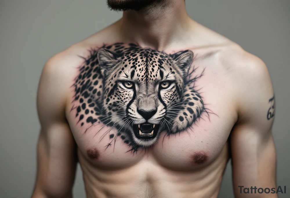 realistic cheetah covering the entire side chest with the number 62 tattoo idea