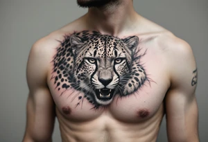 realistic cheetah covering the entire side chest with the number 62 tattoo idea