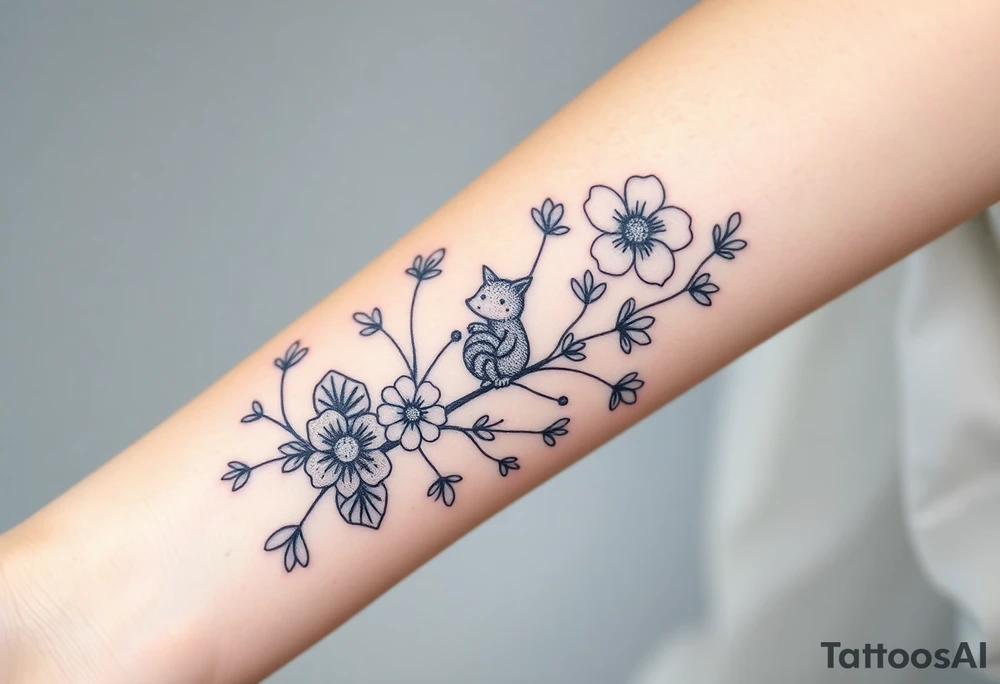 Full forearm design. Flowers on the vine. Include a snail, turtle, fox, and bear hidden within the flowers tattoo idea