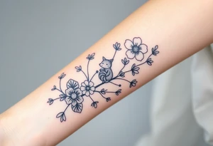 Full forearm design. Flowers on the vine. Include a snail, turtle, fox, and bear hidden within the flowers tattoo idea